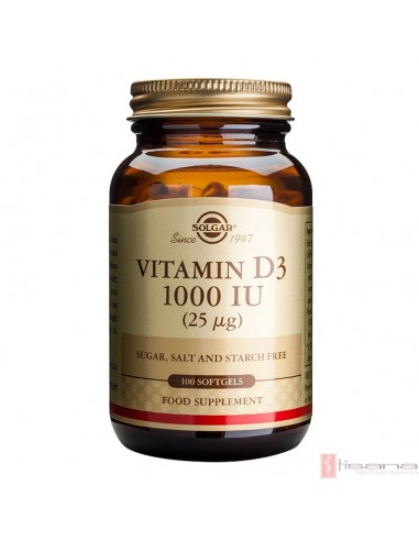 Vitamina D3 1000 IU (25 µg) · Solgar · 100 capsulas